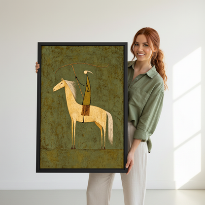 Olive Folk Rider Canvas Wall Art held in a black frame by a standing woman in green.