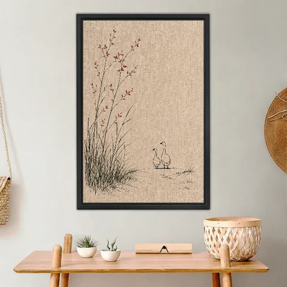Quiet Geese Reeds Canvas Wall Art framed above a light wood console with cacti.