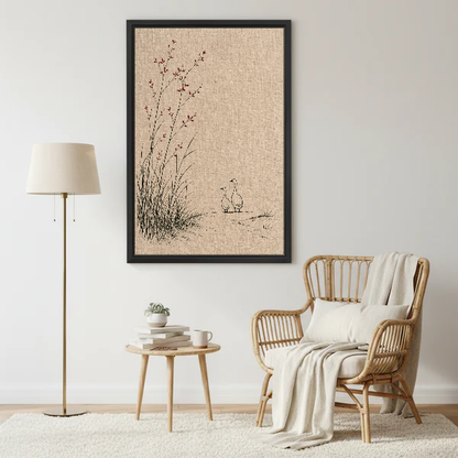 Quiet Geese Reeds Canvas Wall Art framed beside a wicker armchair with floor lamp.