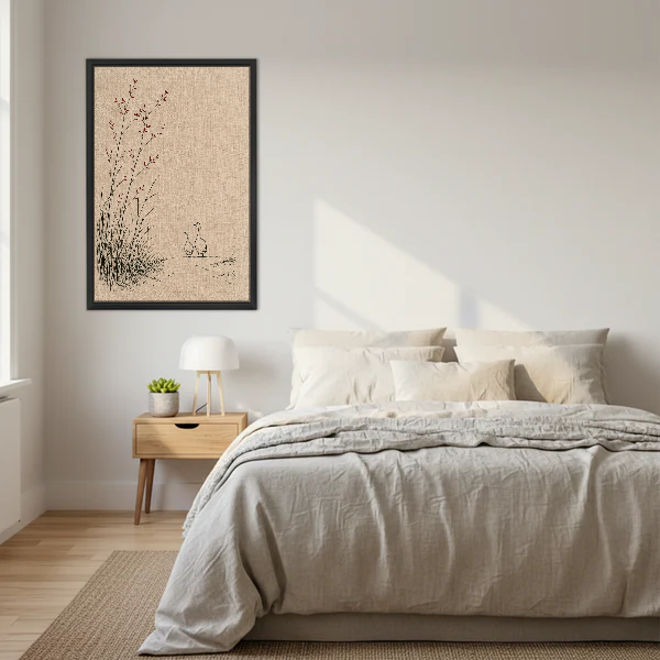 Quiet Geese Reeds Canvas Wall Art framed above a cream bed with wooden nightstands.