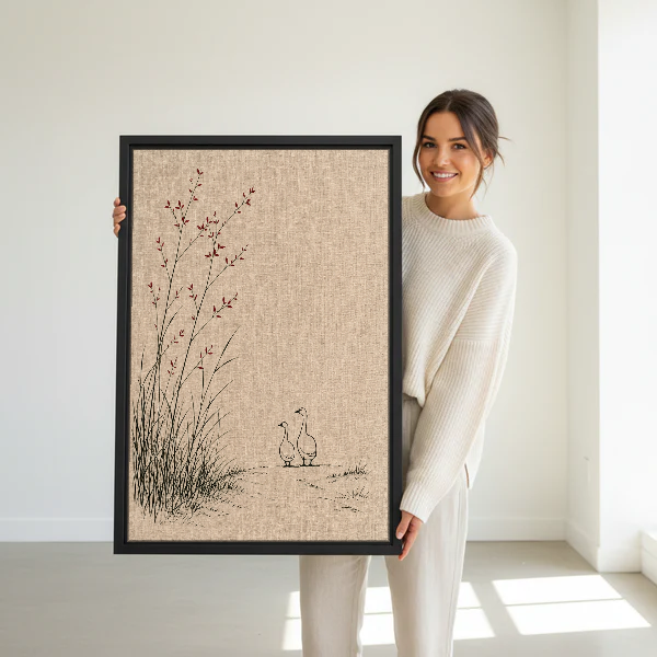 Quiet Geese Reeds Canvas Wall Art held in a black frame by a standing woman in white.