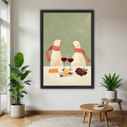 Wine Scarf Ducks Canvas Wall Art framed above a warm wood table with leafy plants.