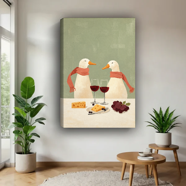 Wine Scarf Ducks Canvas Wall Art unframed above a wood table with green plants.