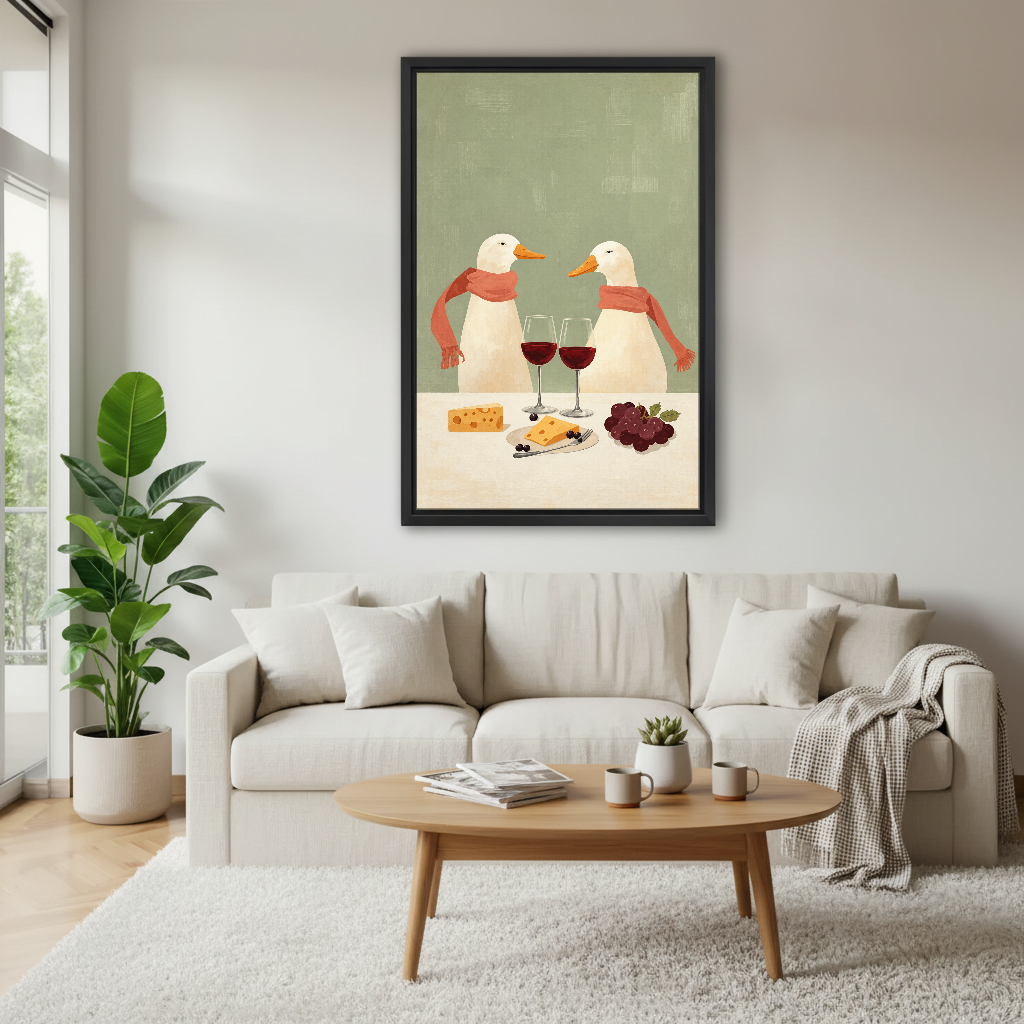 Wine Scarf Ducks Canvas Wall Art framed above a white sofa and round coffee table.