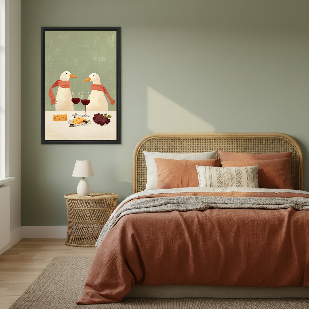 Wine Scarf Ducks Canvas Wall Art framed above a copper bed against a muted green wall.
