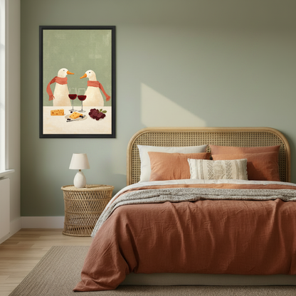 Wine Scarf Ducks Canvas Wall Art framed above a copper bed against a muted green wall.