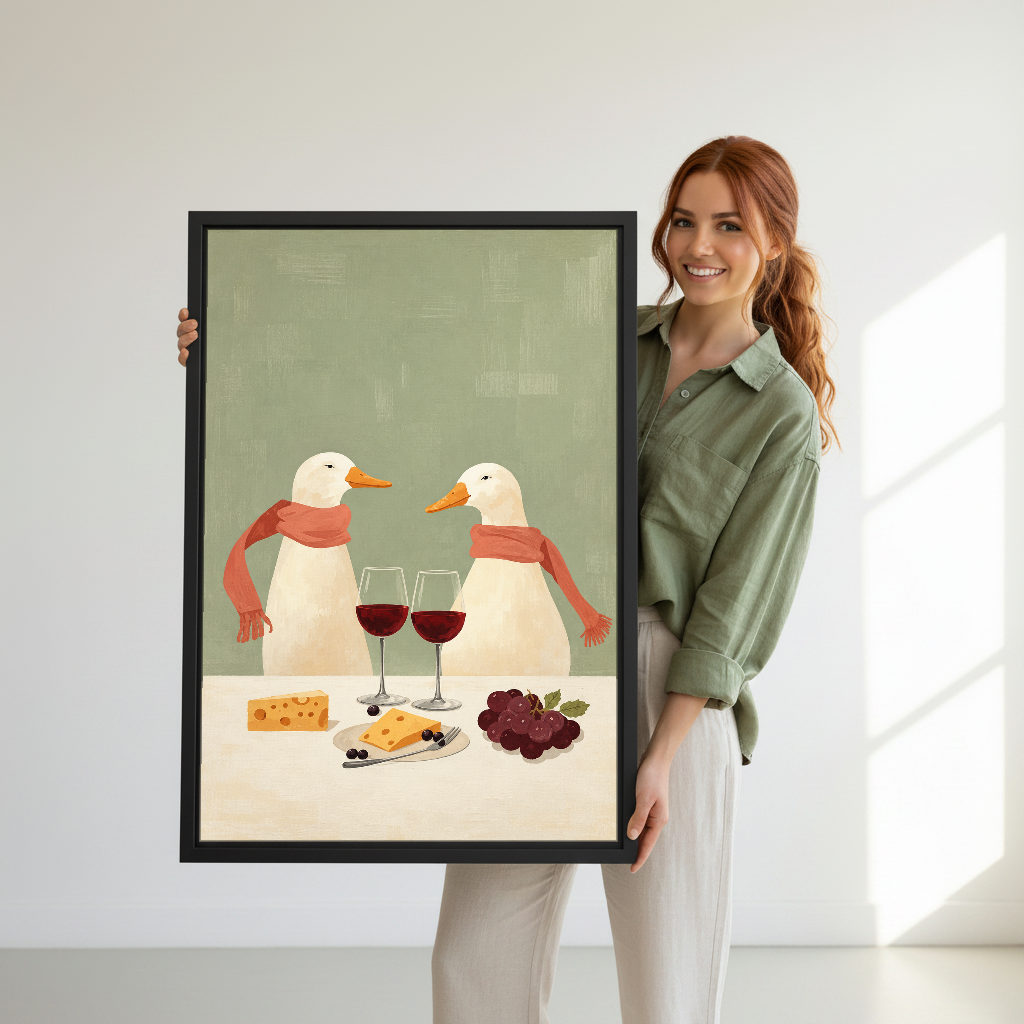 Wine Scarf Ducks Canvas Wall Art held in a black frame by a standing woman in green.