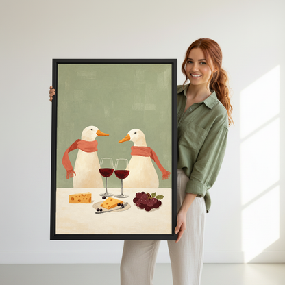 Wine Scarf Ducks Canvas Wall Art held in a black frame by a standing woman in green.