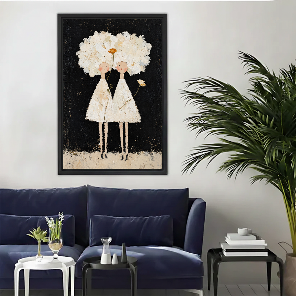 White Flower Girls Canvas Wall Art framed above a navy sofa beside a leafy palm.