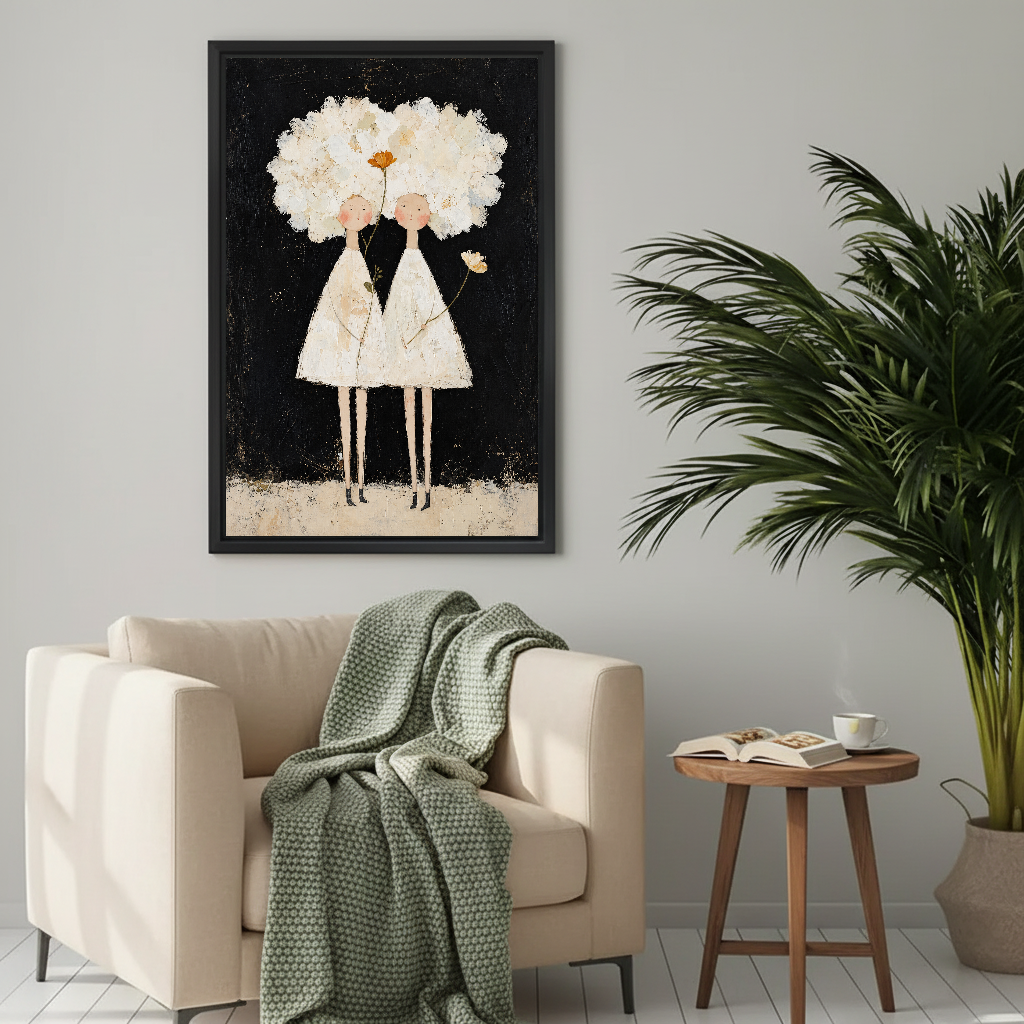 White Flower Girls Canvas Wall Art framed beside a cream armchair with a green knitted throw.
