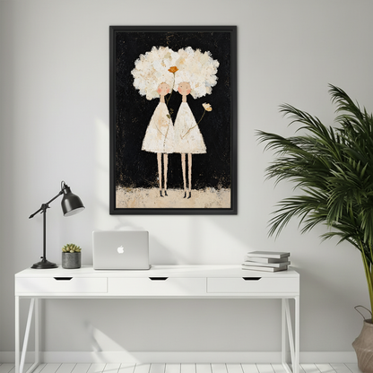 White Flower Girls Canvas Wall Art framed above a white desk with laptop and black lamp.