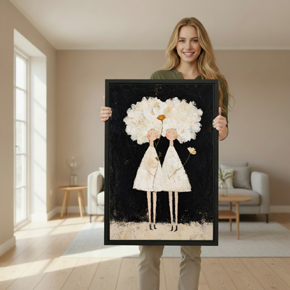 White Flower Girls Canvas Wall Art held in a black frame by a woman in a neutral room.