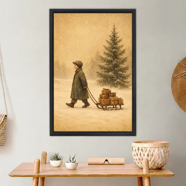 Winter Gift Sled Canvas Wall Art framed above a light wood console with cacti.