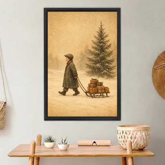 Winter Gift Sled Canvas Wall Art framed above a light wood console with cacti.