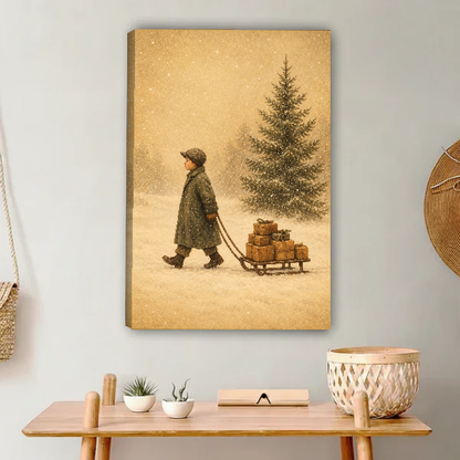 Winter Gift Sled Canvas Wall Art unframed above a light wood console and woven basket.