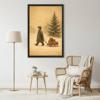 Winter Gift Sled Canvas Wall Art framed beside a wicker armchair with floor lamp.