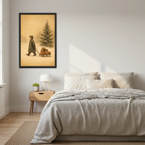 Winter Gift Sled Canvas Wall Art framed above a cream bed with wooden nightstands.