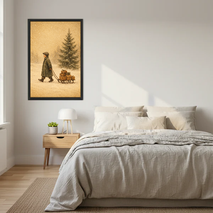 Winter Gift Sled Canvas Wall Art framed above a cream bed with wooden nightstands.