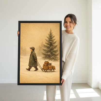 Winter Gift Sled Canvas Wall Art held in a black frame by a standing woman in white.