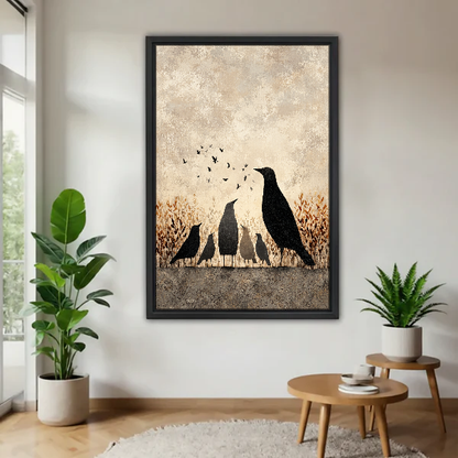 Autumn Crow Family Canvas Wall Art framed above a warm wood table with leafy plants.