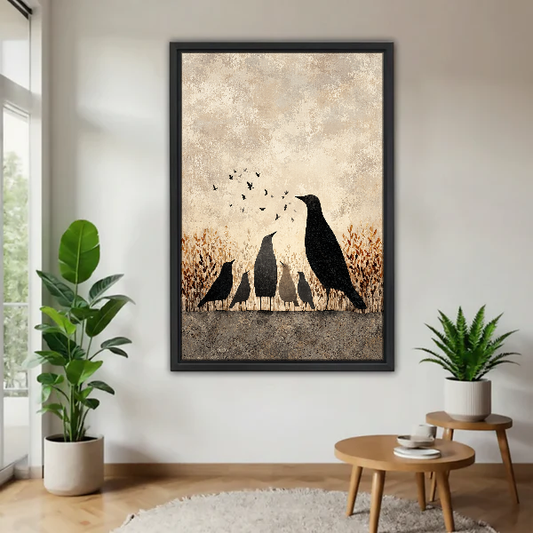 Autumn Crow Family Canvas Wall Art framed above a warm wood table with leafy plants.