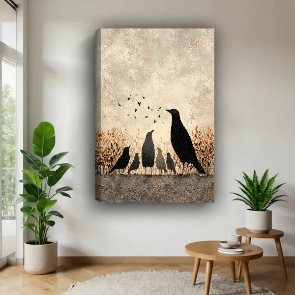 Autumn Crow Family Canvas Wall Art unframed above a wood table with green plants.