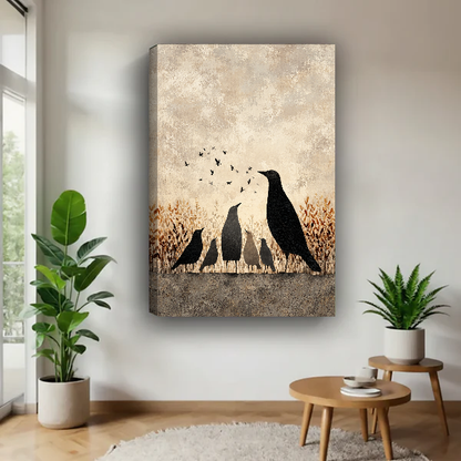 Autumn Crow Family Canvas Wall Art unframed above a wood table with green plants.