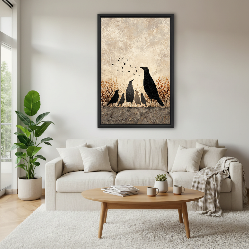 Autumn Crow Family Canvas Wall Art framed above a white sofa and round coffee table.