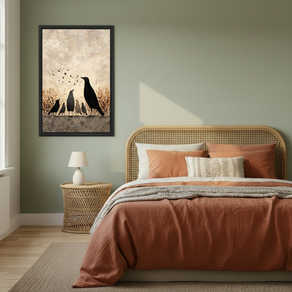 Autumn Crow Family Canvas Wall Art framed above a copper bed against a muted green wall.