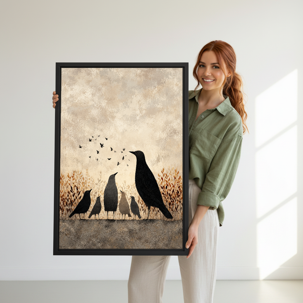 Autumn Crow Family Canvas Wall Art held in a black frame by a standing woman in green.
