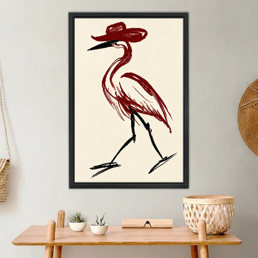 Cowboy Hat Bird Canvas Wall Art framed above a light wood console with cacti.