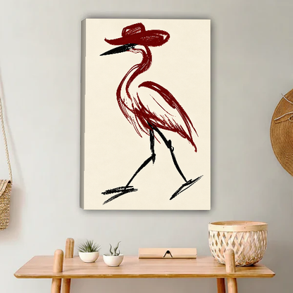 Cowboy Hat Bird Canvas Wall Art unframed above a light wood console and woven basket.