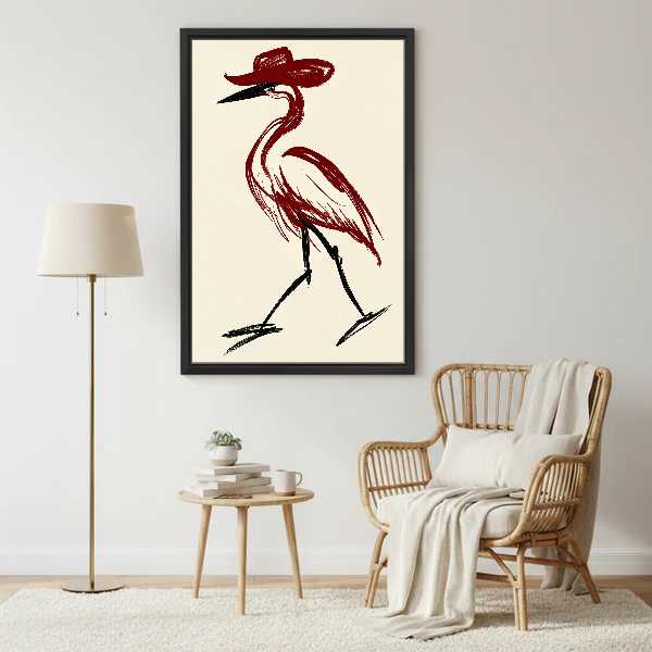 Cowboy Hat Bird Canvas Wall Art framed beside a wicker armchair with floor lamp.