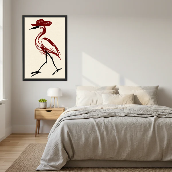 Cowboy Hat Bird Canvas Wall Art framed above a cream bed with wooden nightstands.