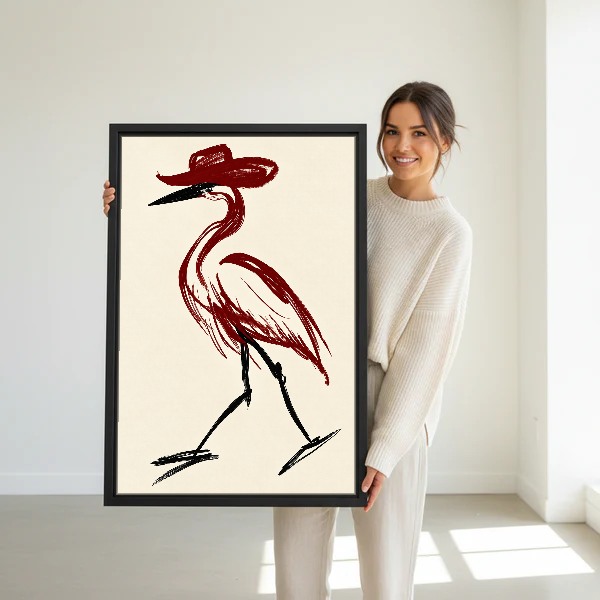 Cowboy Hat Bird Canvas Wall Art held in a black frame by a standing woman in white.