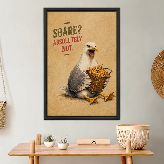Funny Seagull Fries Canvas Wall Art framed above a light wood console with cacti.