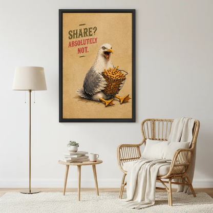 Funny Seagull Fries Canvas Wall Art framed beside a wicker armchair with floor lamp.