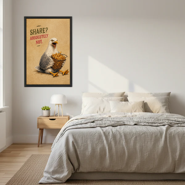 Funny Seagull Fries Canvas Wall Art framed above a cream bed with wooden nightstands.