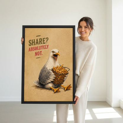 Funny Seagull Fries Canvas Wall Art held in a black frame by a standing woman in white.