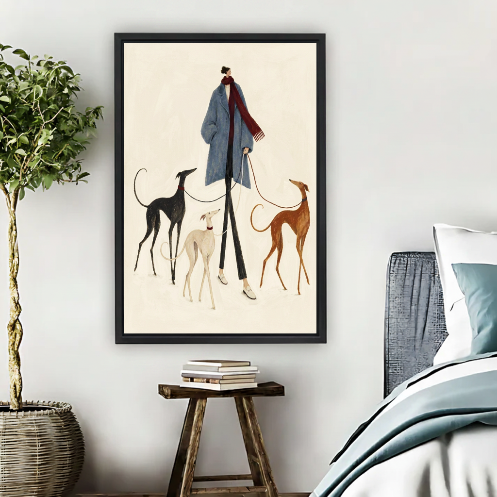 Elegant Woman Hounds Canvas Wall Art framed beside a blue bed with books and leafy plant.