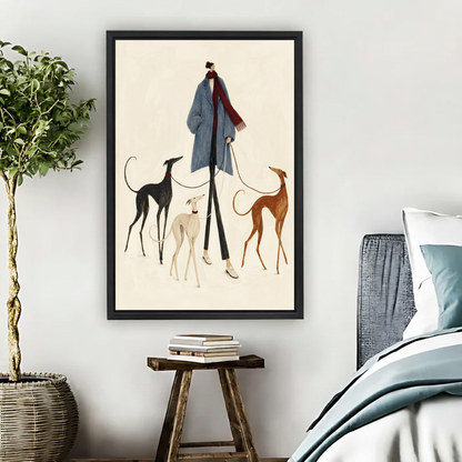 Elegant Woman Hounds Canvas Wall Art framed beside a blue bed with books and leafy plant.