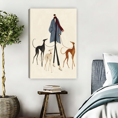Elegant Woman Hounds Canvas Wall Art unframed beside a blue bed and wooden book stool.