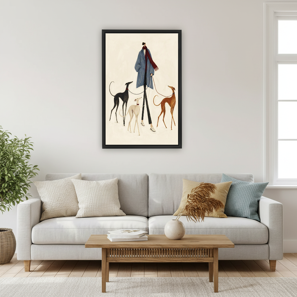 Elegant Woman Hounds Canvas Wall Art framed above a pale gray sofa and wood coffee table.
