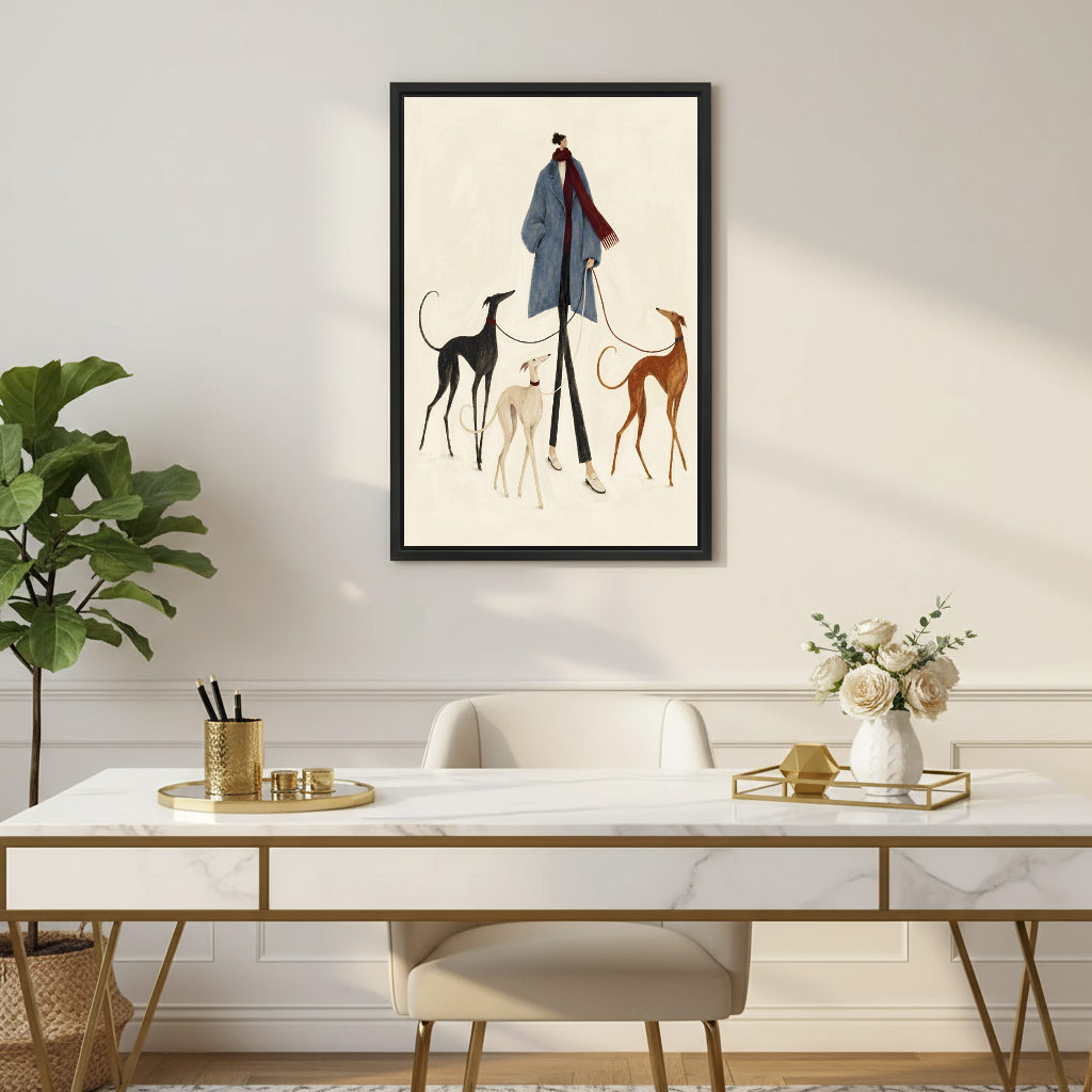 Elegant Woman Hounds Canvas Wall Art framed above a white desk with flowers and gold accents.