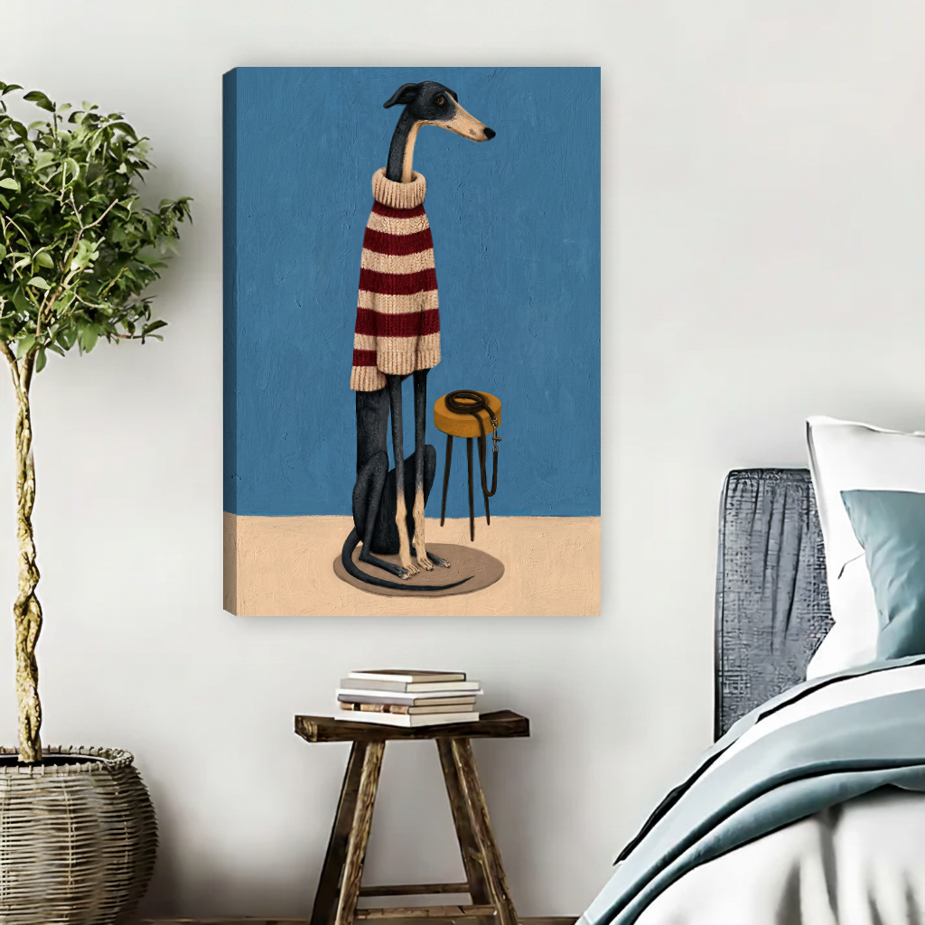 Striped Sweater Greyhound Canvas Wall Art unframed beside a blue bed and wooden book stool.