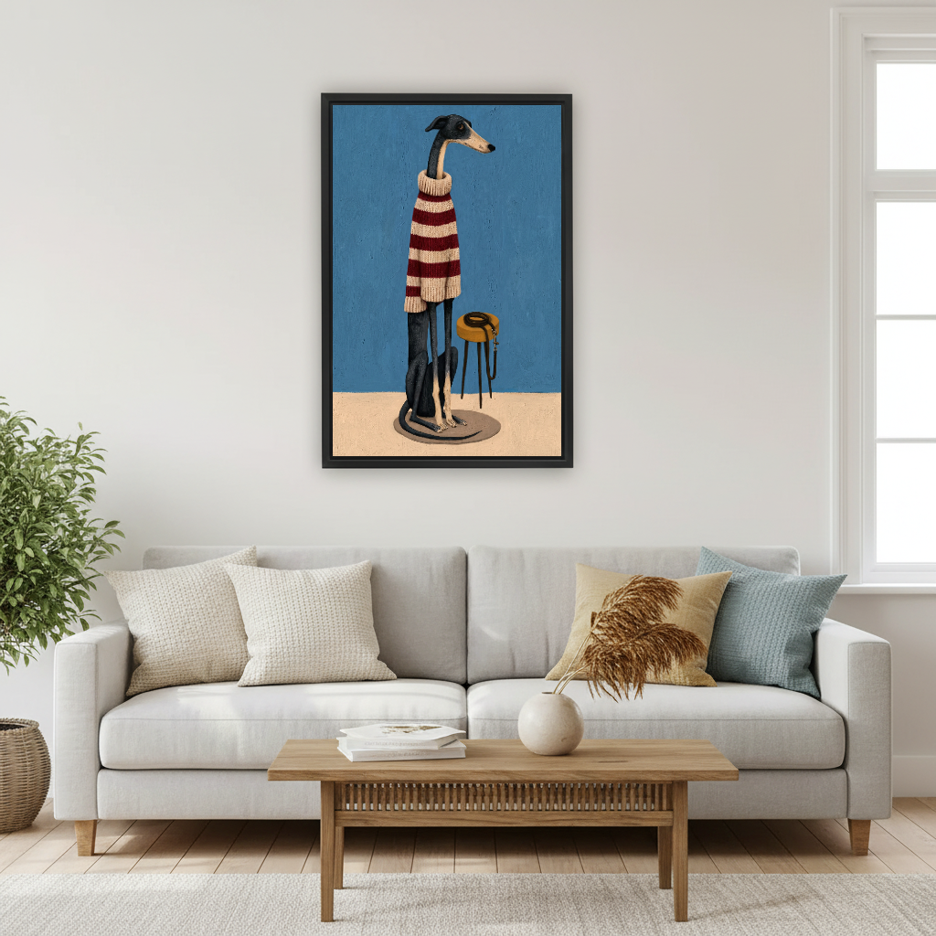 Striped Sweater Greyhound Canvas Wall Art framed above a pale gray sofa and wood coffee table.
