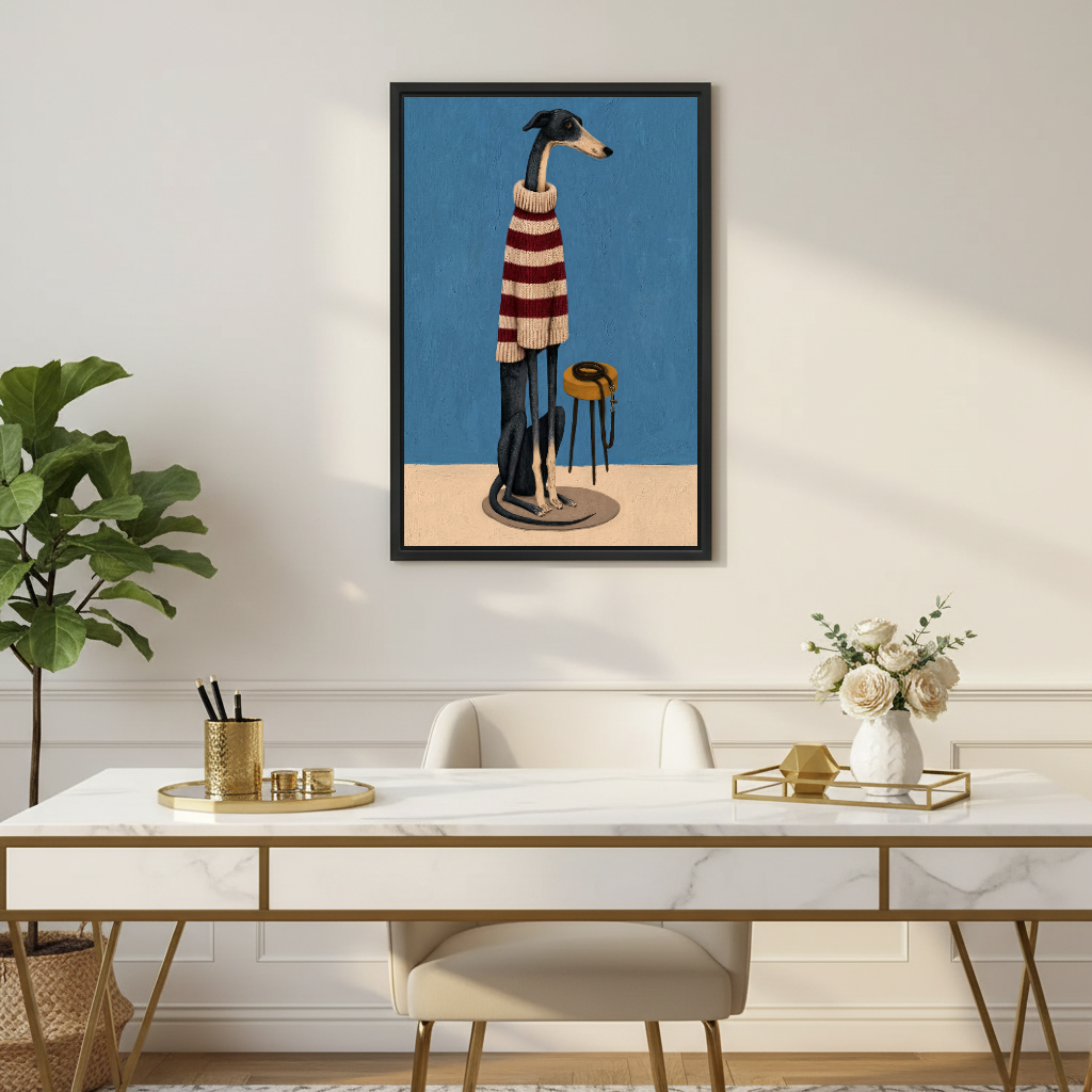 Striped Sweater Greyhound Canvas Wall Art framed above a white desk with flowers and gold accents.