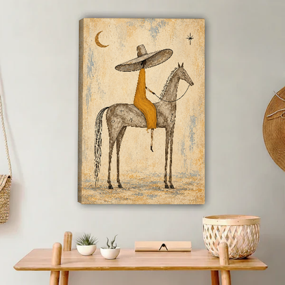 Sombrero Horse Rider Canvas Wall Art unframed above a light wood console and woven basket.