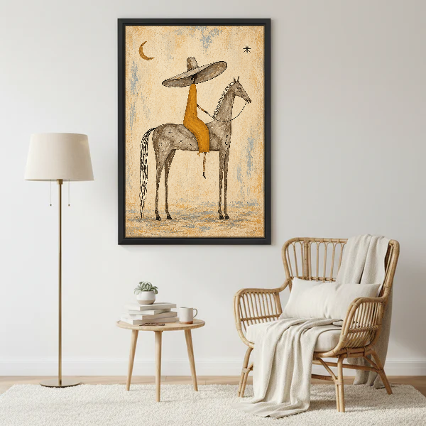 Sombrero Horse Rider Canvas Wall Art framed beside a wicker armchair with floor lamp.