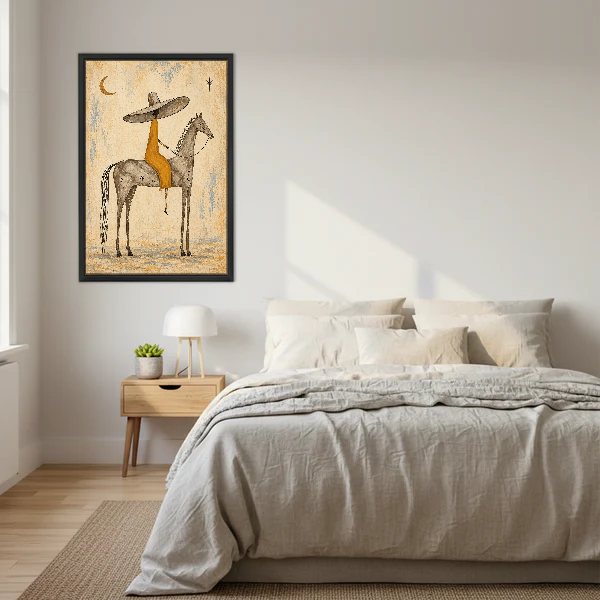 Sombrero Horse Rider Canvas Wall Art framed above a cream bed with wooden nightstands.